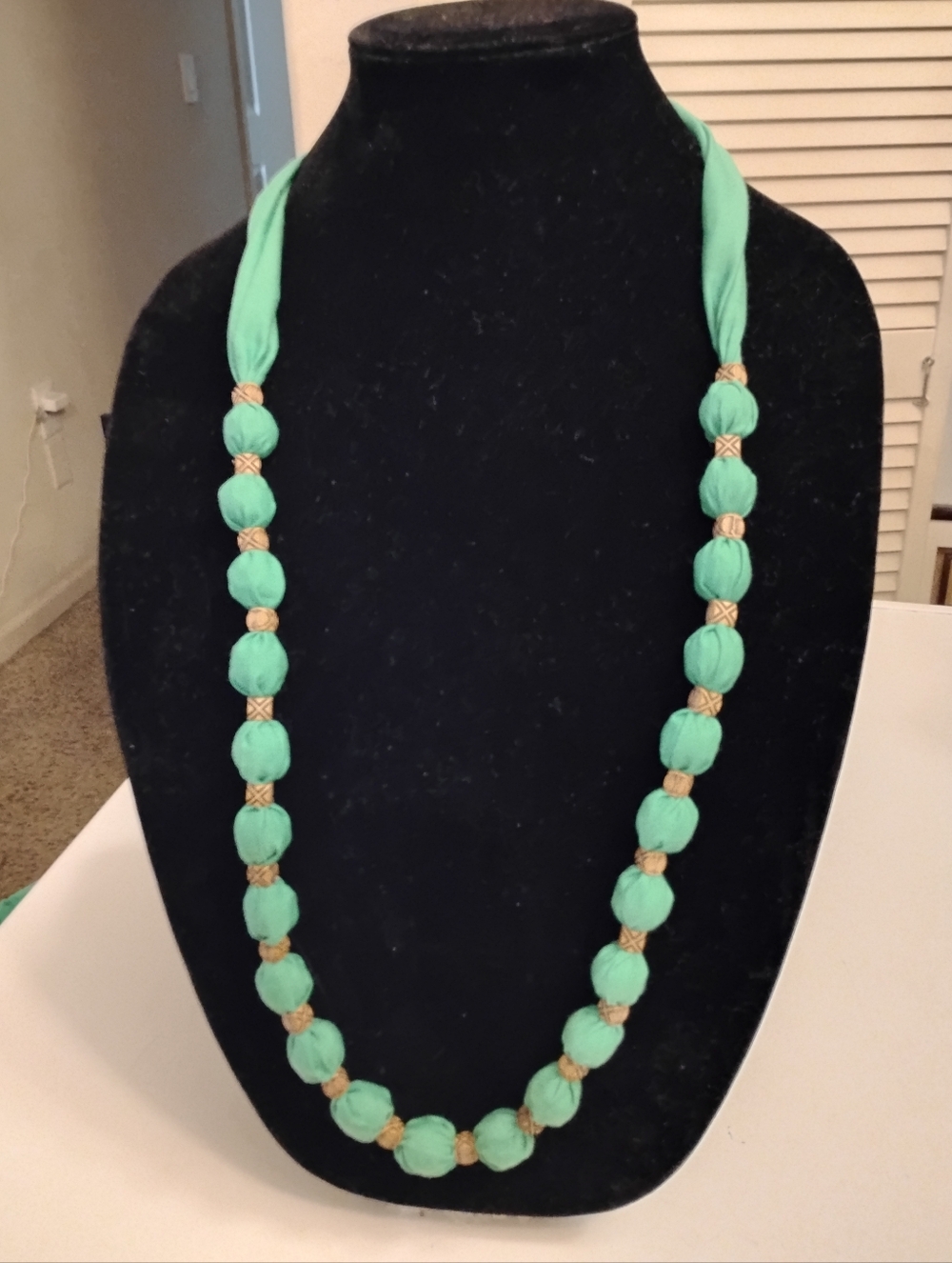 Mint Green Fabric Bead Necklace by Geniplace Long Can Be Tied Shorter Handmade